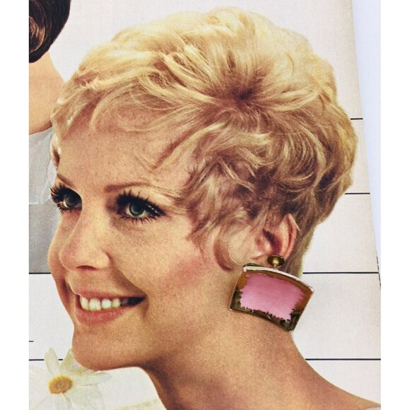 Mid Century Modern Retro Pink Gold Vintage Porcelain Screw Back Earrings Mod - Picture 1 of 7